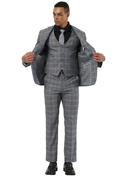 Men's Designer Stacy Adams Vested Glen Plaid Suit in Grey & Orange 3 SM203H1-122-34R  - from alligatorwarehouse.com
