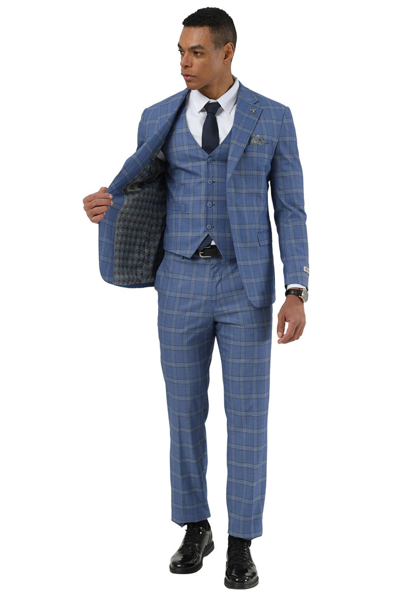 Men's Designer Stacy Adams Vested Glen Plaid Suit in Blue