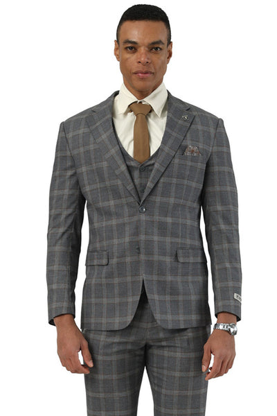 Men's Designer Stacy Adams Vested Glen Plaid Suit in Charcoal & Brown 1 SM203H1-125-34R  - from alligatorwarehouse.com