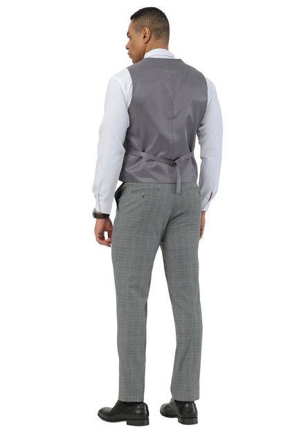 Men's Stacy Adams Two Button Peak Lapel Suit with Scoop Vest in Grey Glen Plaid