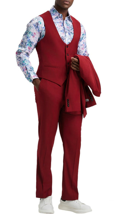 Stacy Adams - Cherry Red 3 Piece Hybrid Fit Suit With Expandable Waist Band 2 SO4SM255H1-05-40R  - from alligatorwarehouse.com