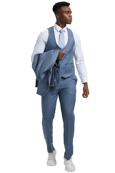 Men's Two Button Vested Stacy Adams Designer Sharkskin Suit in Steel Light Blue 3 SM324H1-01-34R-B  - from alligatorwarehouse.com