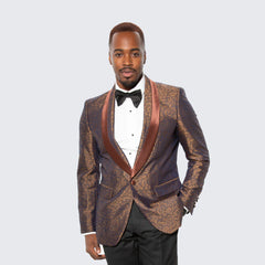 Mens Brown Paisley Tuxedo with Brown Satin Lapel and Pants  Formal Wedding Suit