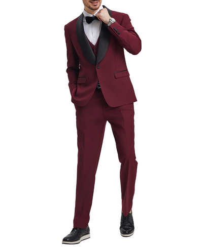 Stacy Adams - Burgundy 3 Piece Hybrid Fit Tuxedo Satin Shawl Lapel 1 SO4SMT282H1-06-46R  - from alligatorwarehouse.com