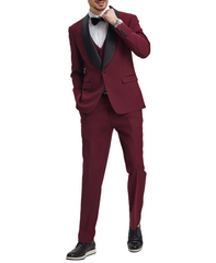 Stacy Adams - Burgundy 3 Piece Hybrid Fit Tuxedo Satin Shawl Lapel