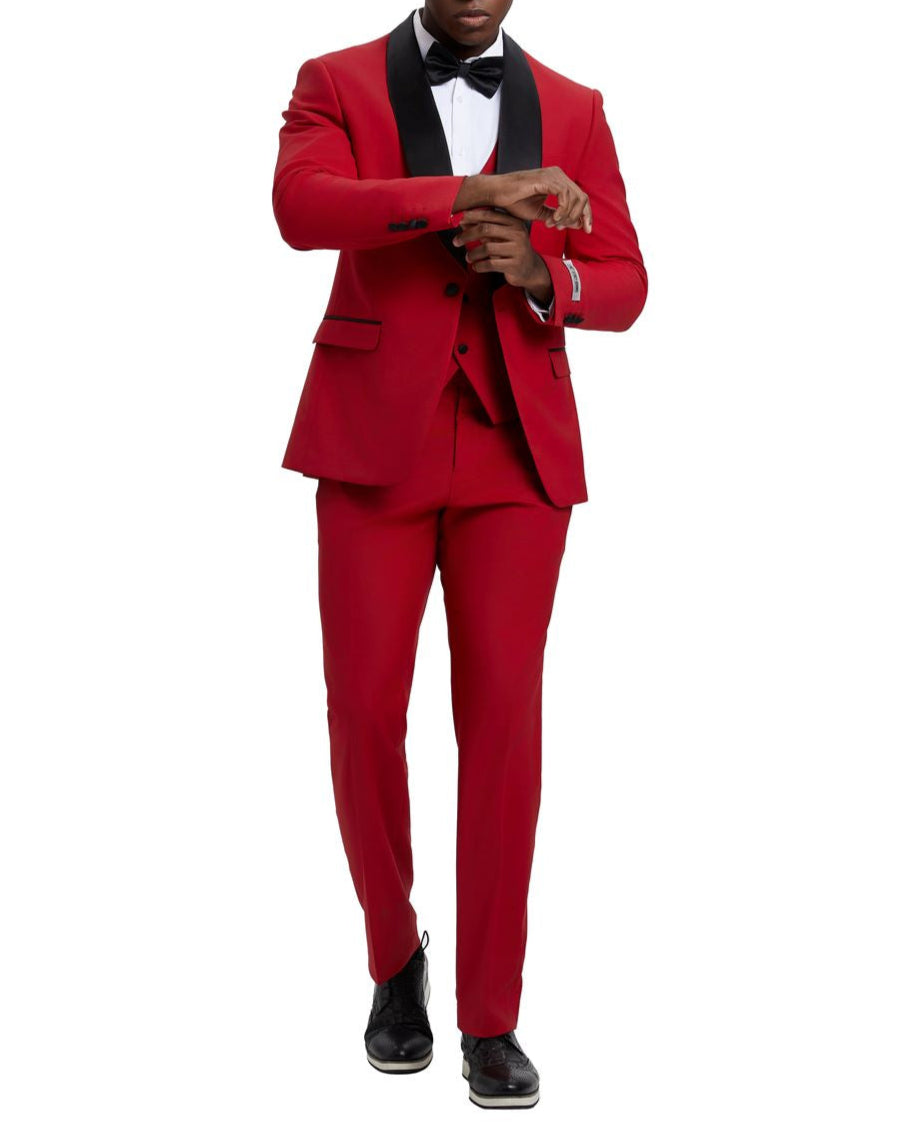 Stacy Adams - Red 3 Piece Hybrid Fit Tuxedo Satin Shawl Lapel