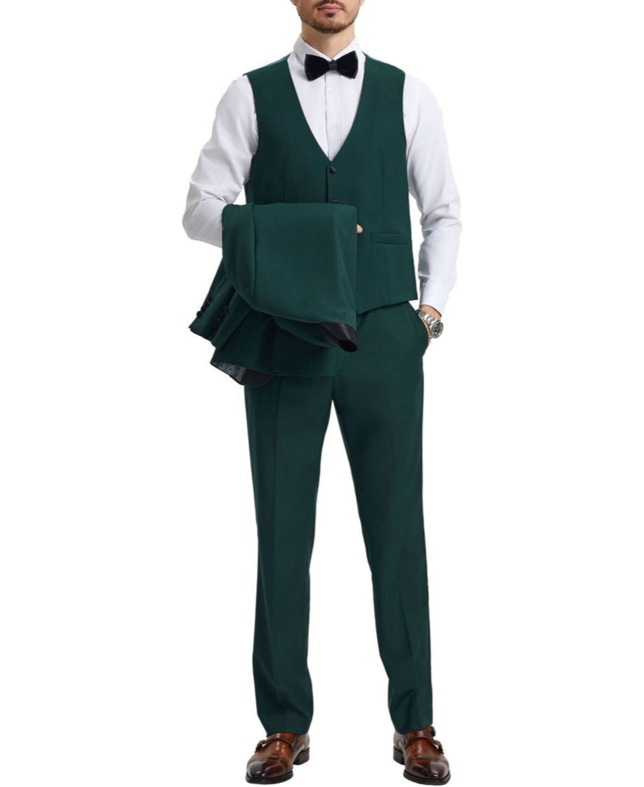 Stacy Adams - Green 3 Piece Hybrid Fit Tuxedo Satin Shawl Lapel