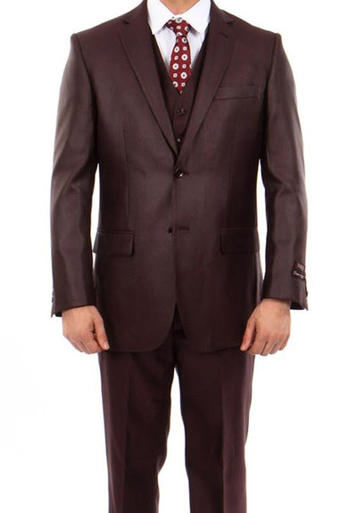 Burgundy 3 Piece Modern Fit Suit 2 Button V-Neck Vest 1 SO4M158-12-34R  - from alligatorwarehouse.com