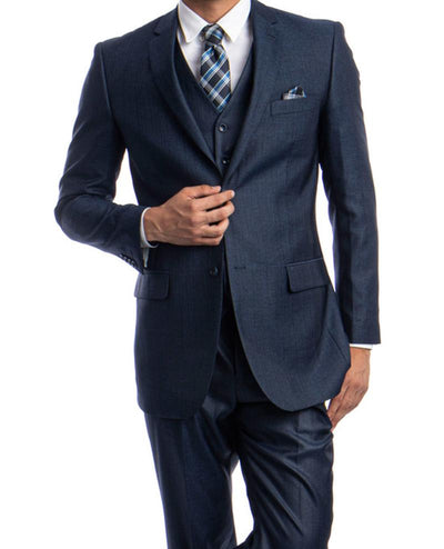 Navy Blue 3 Piece Modern Fit Suit 2 Button V-Neck Vest 1 SO4M158-13-34R  - from alligatorwarehouse.com