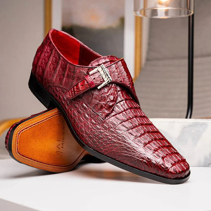 Marco Di Milano Rovigo Men's Shoes Wine Exotic Crocodile Skin Single Monk-strap Loafers