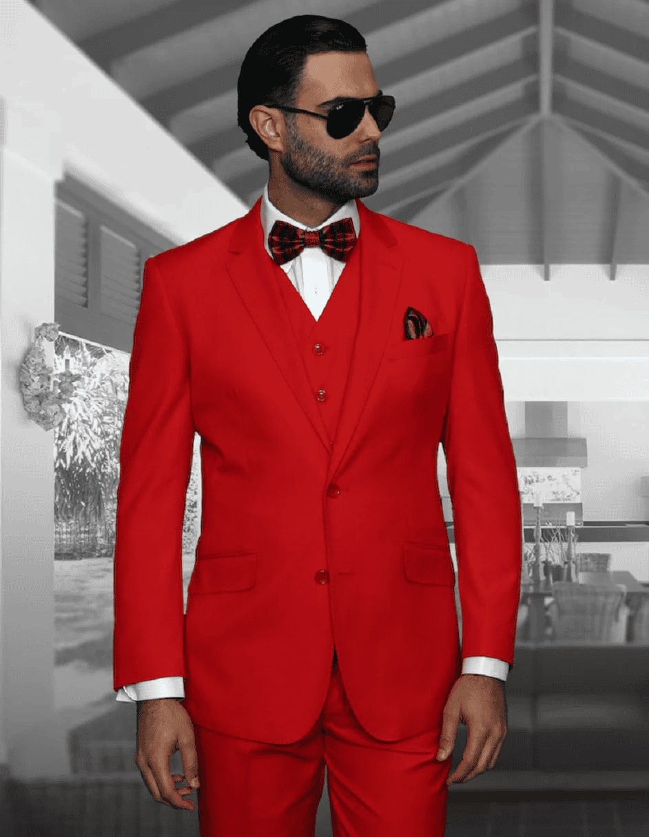 Mens 2 Button Modern Fit Vested Wool Suit in Red