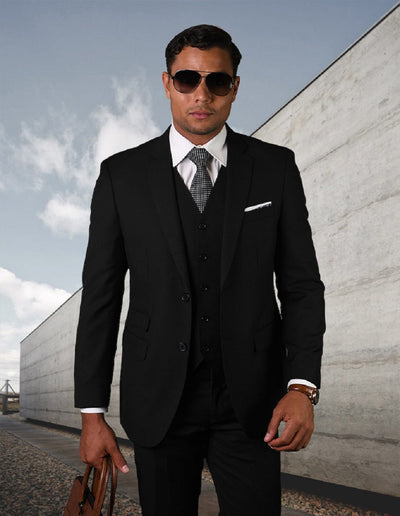 Mens 2 Button Modern Fit Vested Pick Stich Suit in Black 1 STZV-101_BLACK_38S  - from alligatorwarehouse.com