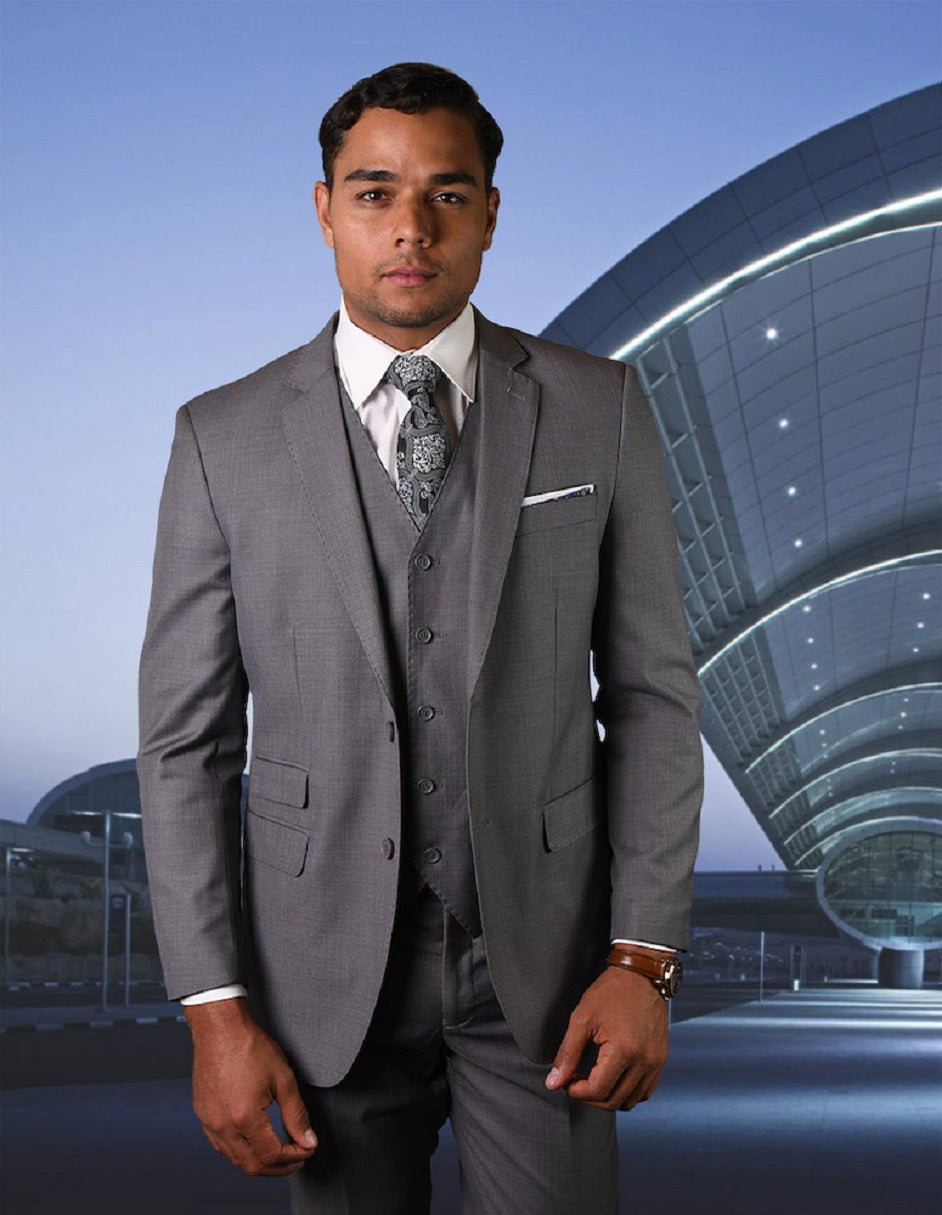 Mens 2 Button Modern Fit Vested Pick Stich Suit in Heather Grey 1 STZV-101_GRAY_38S  - from alligatorwarehouse.com