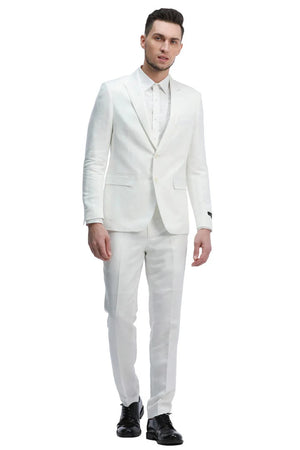White Wedding Suit For Men - Perfect For Groom -Men's Two Button Peak Lapel Summer Linen Style Beach Wedding Suit In White