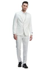 White Wedding Suit For Men - Perfect For Groom -Men's Two Button Peak Lapel Summer Linen Style Beach Wedding Suit In White