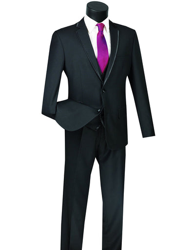 Mens 3pc Vested Slim Fit 2 Button Tuxedo in Black with Satin Trim 1 22-1118  - from alligatorwarehouse.com
