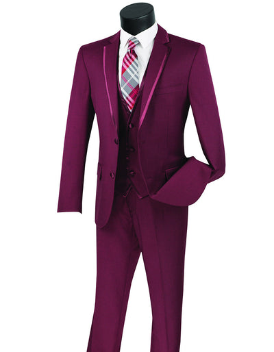 Mens 3pc Vested Slim Fit 2 Button Tuxedo in Burgundy with Satin Trim 1 GN-8271  - from alligatorwarehouse.com