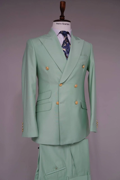 Mens Sage Green Double-Breasted Suits with Gold Button – Formal Slim Fit 2-Piece Pistachio Color