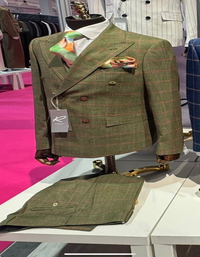 Rossiman Suit – Sage Green & Burnt Orange Windowpane Plaid Double-Breasted Suit