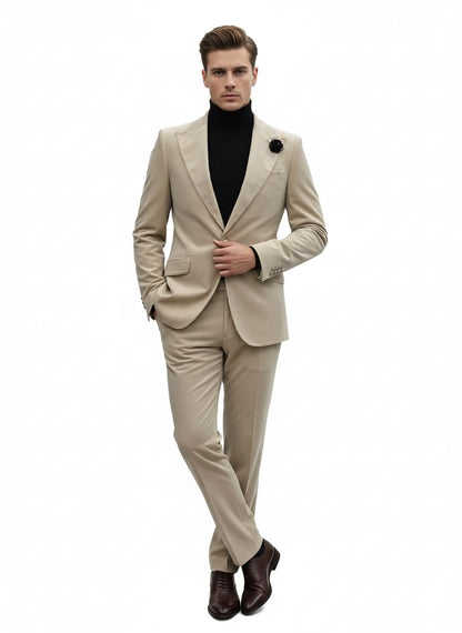 Mens Sand Beige Velvet Tuxedo Suit – 2 Piece Slim Fit Blazer and Pants Formal Set - Winter Fabric Natural Color