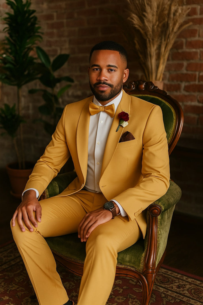 Light Gold Tuxedo Suit for Men – Elegant Two-Piece Wedding and Prom Suit with Satin Shawl Lapel - Mustard Color