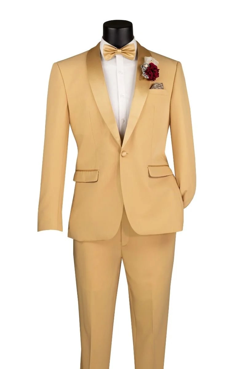 Light Gold Tuxedo Suit for Men – Elegant Two-Piece Wedding and Prom Suit with Satin Shawl Lapel - Mustard Color
