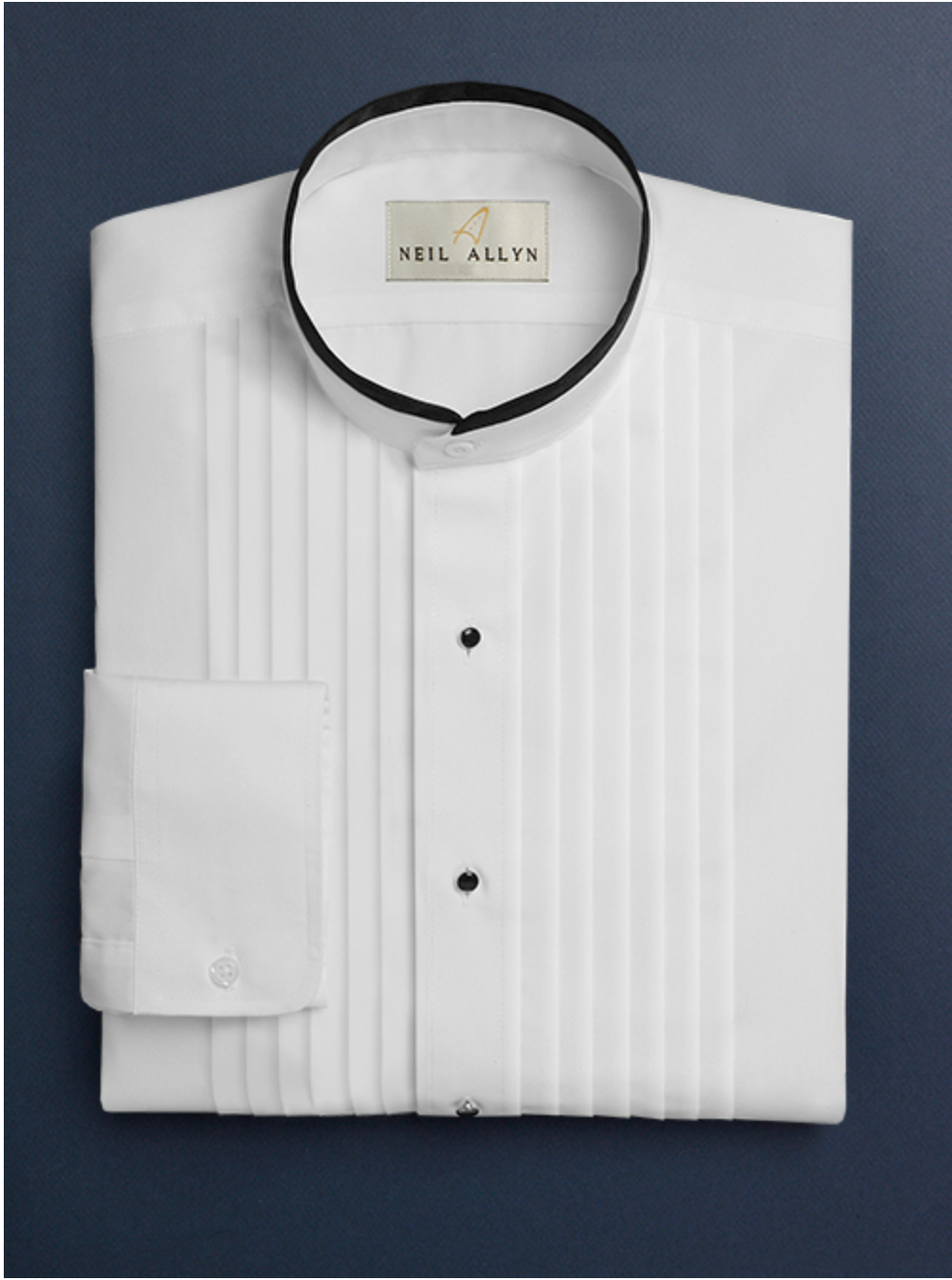 Mens Cotton Black Banded Pleat Front Mandarin Shirt in White 1 9W-4652  - from alligatorwarehouse.com