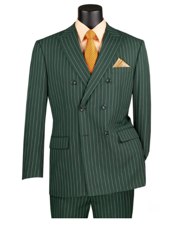 Mens Double Breasted Gangster Pinstripe Six Button Suit in Charcoal and Hunter Green