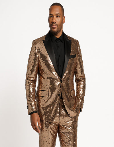 Men's Rose Gold Sequin Tuxedo Suit with Black Satin Lapel ƒ?? Luxury Slim Fit Blazer for Parties and Events 4   - from alligatorwarehouse.com