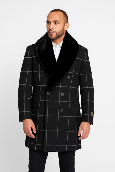 Mens Black Windowpane Wool Overcoat with Faux Fur Shawl Collar – Double-Breasted Long Coat 1   - from alligatorwarehouse.com