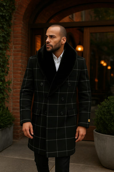 Mens Black Windowpane Wool Overcoat with Faux Fur Shawl Collar – Double-Breasted Long Coat 4   - from alligatorwarehouse.com