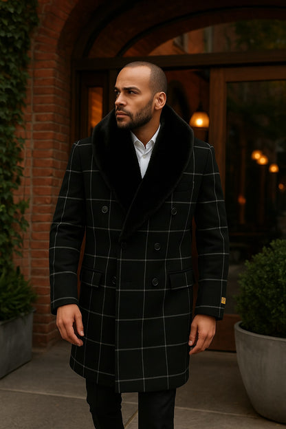 Mens Black Windowpane Wool Overcoat with Faux Fur Shawl Collar – Double-Breasted Long Coat