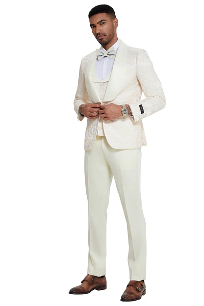 Mens Designer Wedding & Prom Shawl Lapel Vested Paisley Tuxedo in Ivory