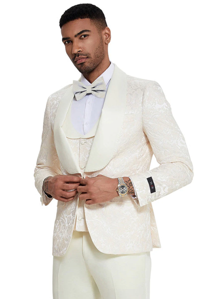 Mens Designer Wedding & Prom Shawl Lapel Vested Paisley Tuxedo in Ivory