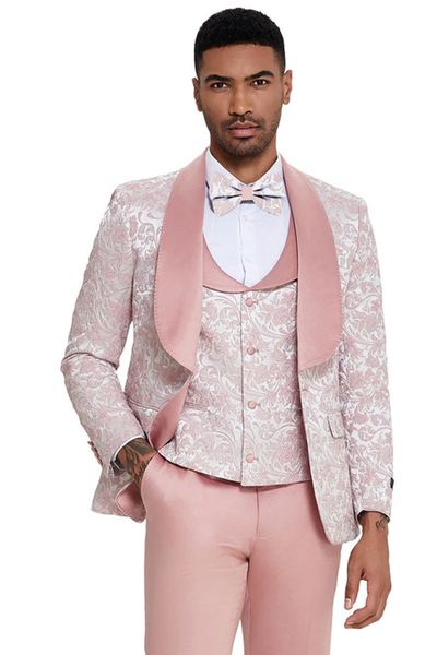Mens Designer Wedding Prom Shawl Lapel Vested Paisley Tuxedo in Pink