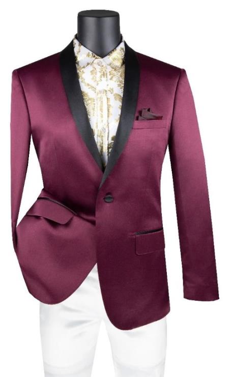 Men’s Shiny Burgundy Tuxedo – Sharkskin Suit for Prom or Wedding