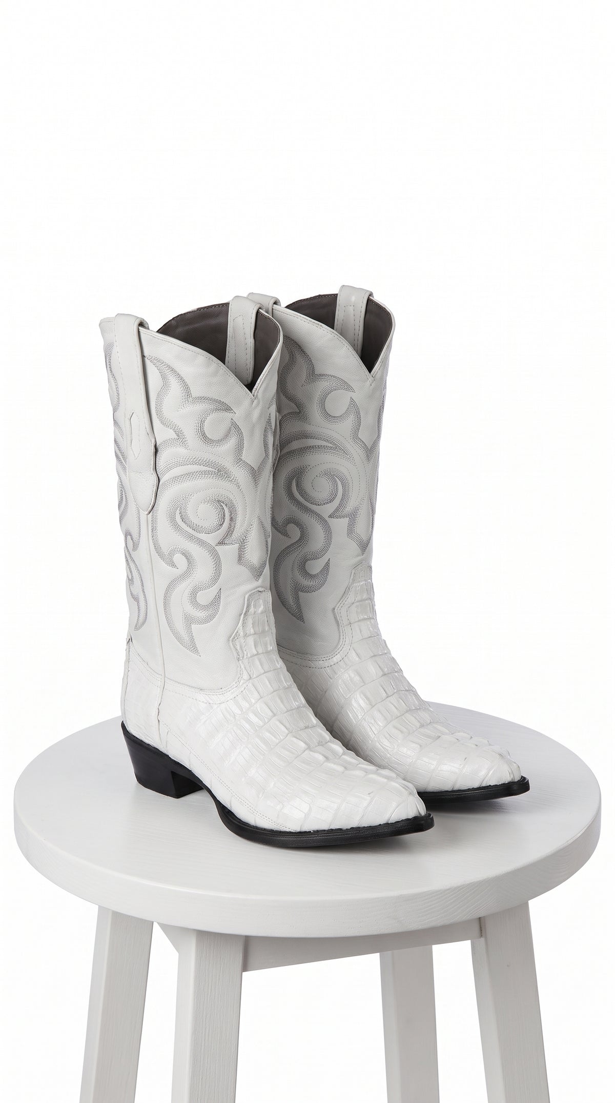 Men’s White Caiman Tail Crocodile Boots, Pointed Toe Exotic Western Cowboy Dress Boots