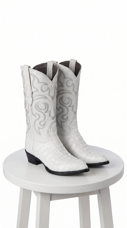 Men’s White Caiman Tail Crocodile Boots, Pointed Toe Exotic Western Cowboy Dress Boots