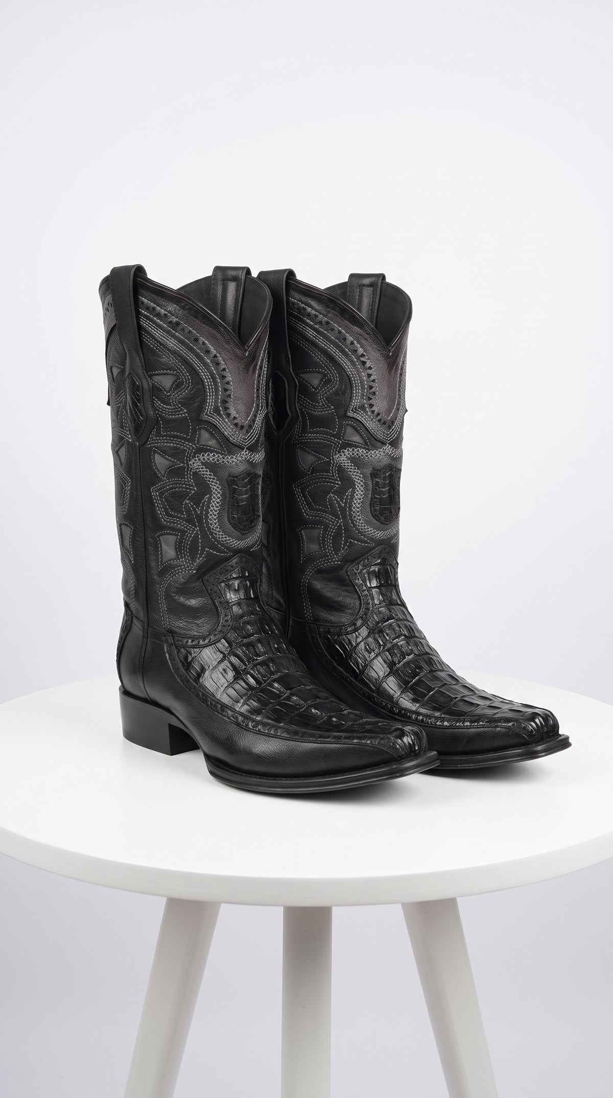 Men’s Black Caiman Crocodile and Deer Western Boots LAB-76F0105, European Toe Exotic Cowboy Dress Boots