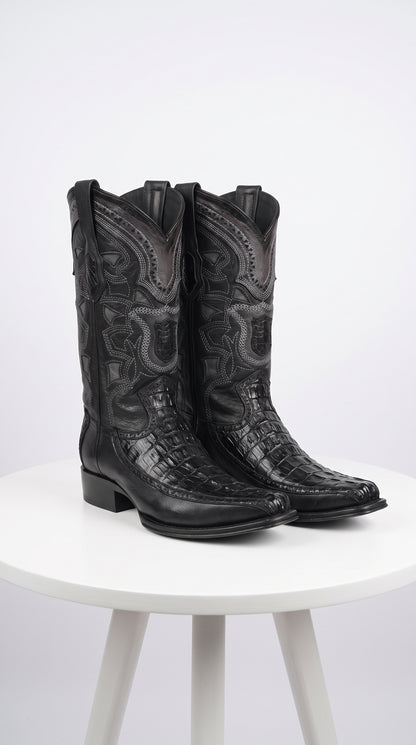 Men’s Black Caiman Crocodile and Deer Western Boots LAB-76F0105, European Toe Exotic Cowboy Dress Boots