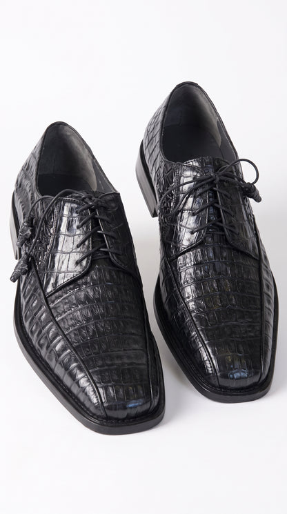 Los Altos Men’s Black Genuine Caiman Belly Oxford Shoes – Exotic Leather Lace-Up Dress Shoes