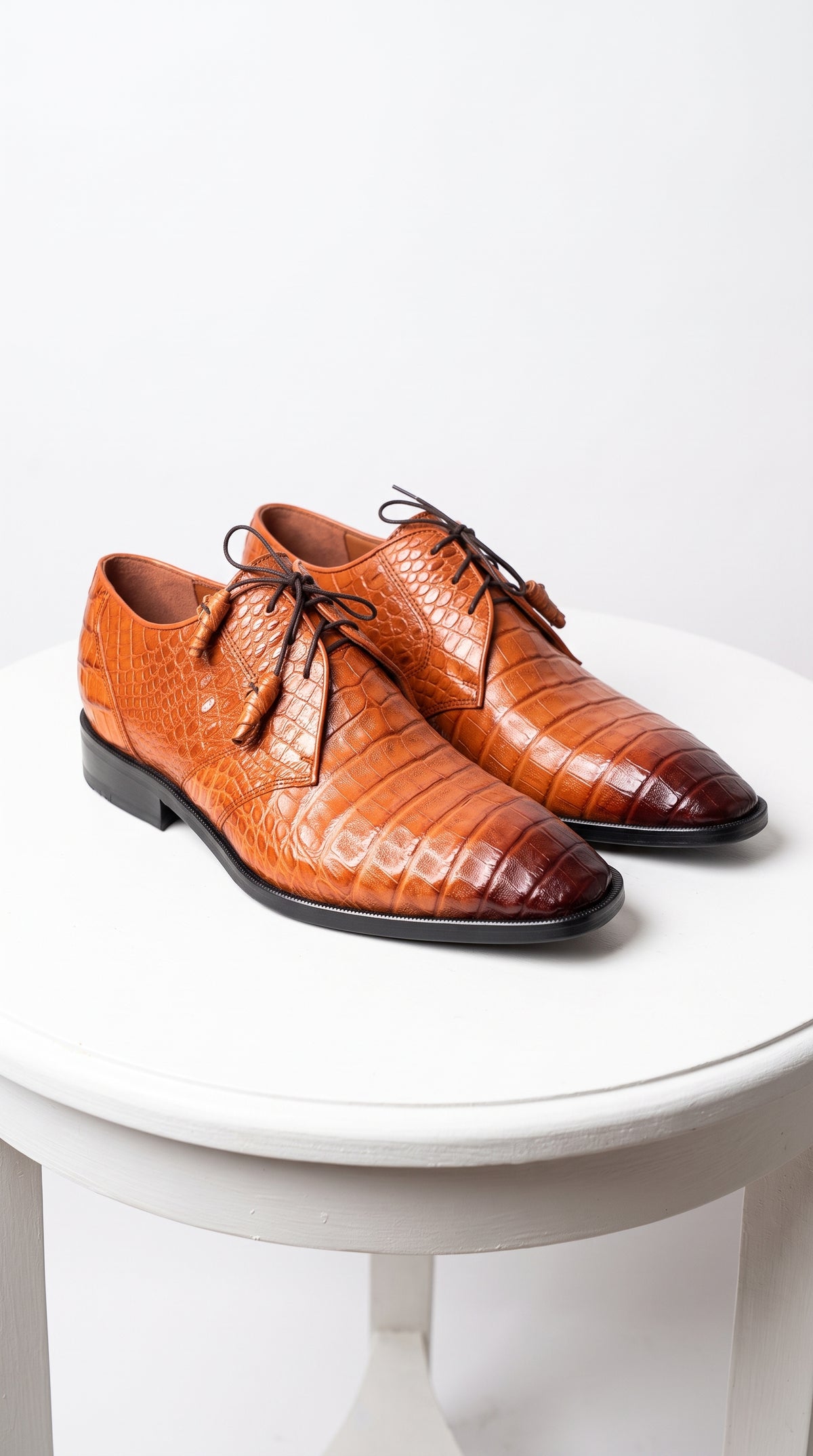 Los Altos Men’s Cognac All-Over Crocodile Lace-Up Shoes, Exotic Formal Dress Shoes