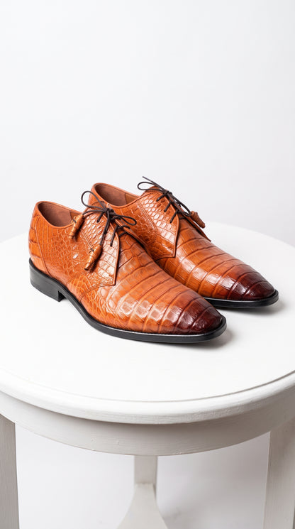 Los Altos Men’s Cognac All-Over Crocodile Lace-Up Shoes, Exotic Formal Dress Shoes