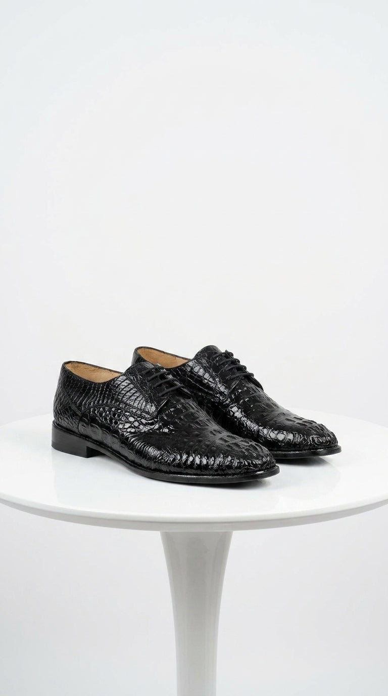 Los Altos Men’s Black Caiman Hornback Plain Toe Shoes, Exotic Lace-Up Formal Dress Shoes
