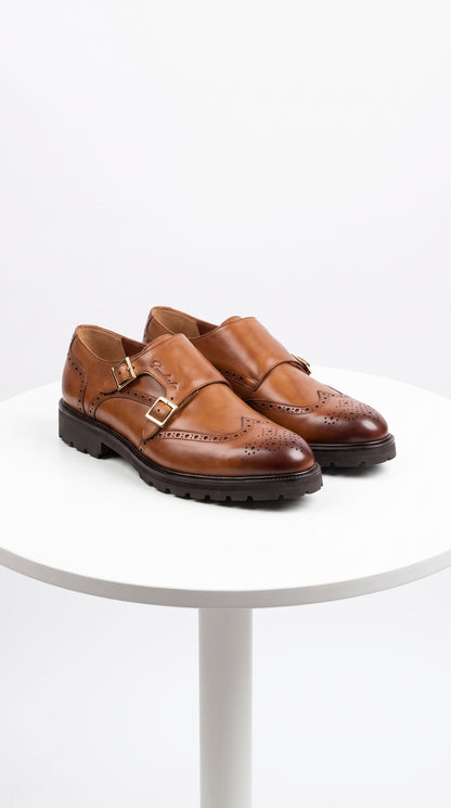 Lombardy Men’s Calfskin Wingtip Double Monk Strap Dress Shoes – Lug Sole