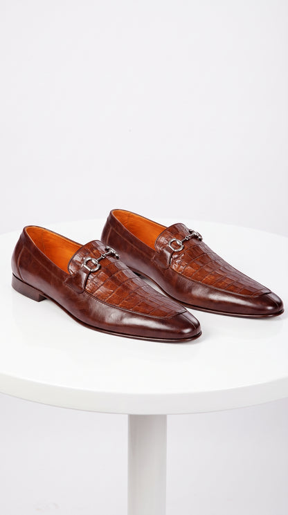 Lombardy Men’s Crocodile & Calfskin Bit Loafers – Brown Almond Toe Exotic Dress Shoes