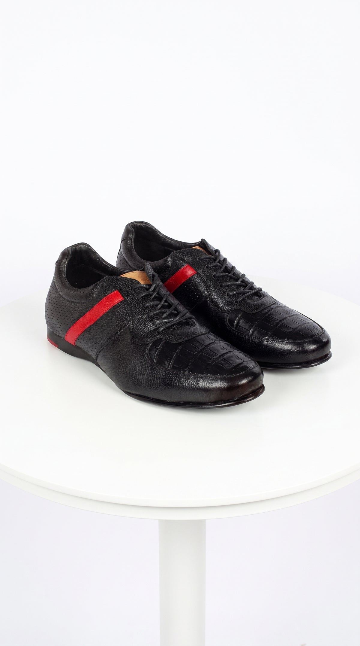 Lombardy Men’s Caiman Belly & Calfskin Sneakers – Black & Brown Exotic Leather Lace-Up Shoes