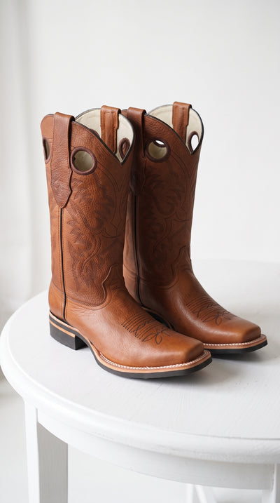 Los Altos Men’s Tan Leather Rodeo Boots, Western Cowboy Square Toe Boots