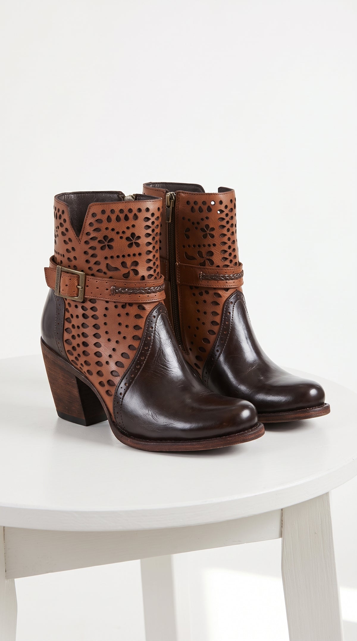Women’s Brown Leather Short Boots, Oval Toe Ankle Boots with Buckle and Cutout Detail