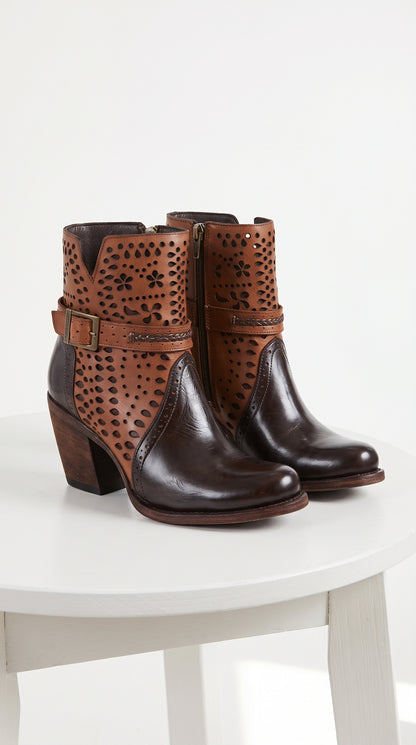 Women’s Brown Leather Short Boots, Oval Toe Ankle Boots with Buckle and Cutout Detail